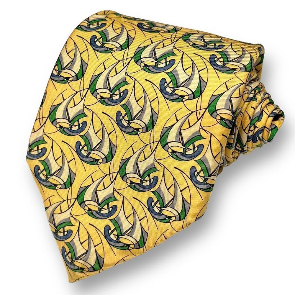 SALVATORE FERRAGAMO Men’s Yellow Designer Abstract Sailboat Motif 100% Silk Tie